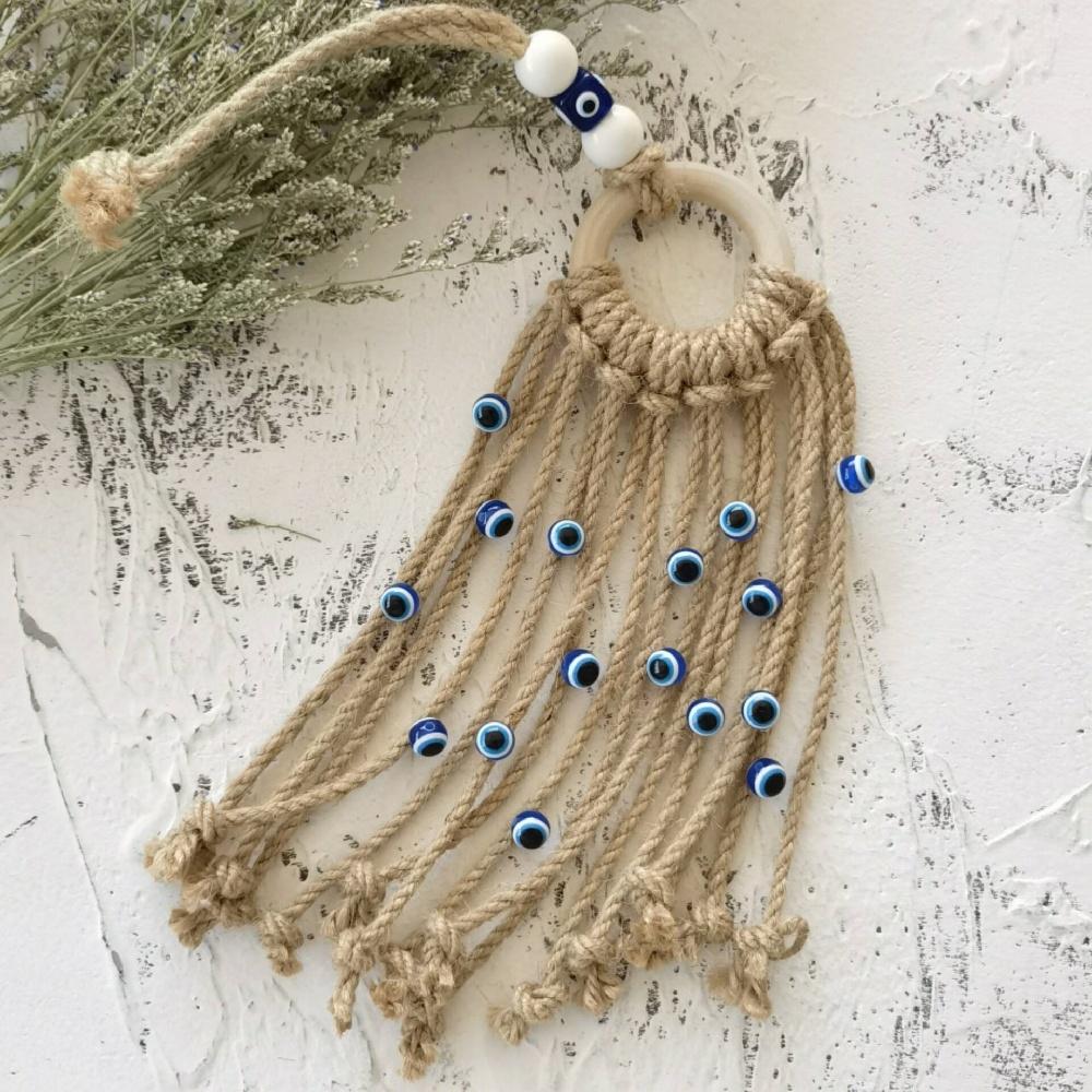 Hand-woven Macaron Evil Eye Car Ornament — Turkish Nazar Boncuk Wall Hanging — Bohemian Amulet — Jute And Cotton Cord — 2 Colors A