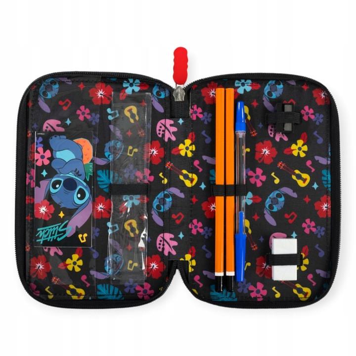 Three-Compartment Triple School Pencil Case With Equipment Disney Stitch Black