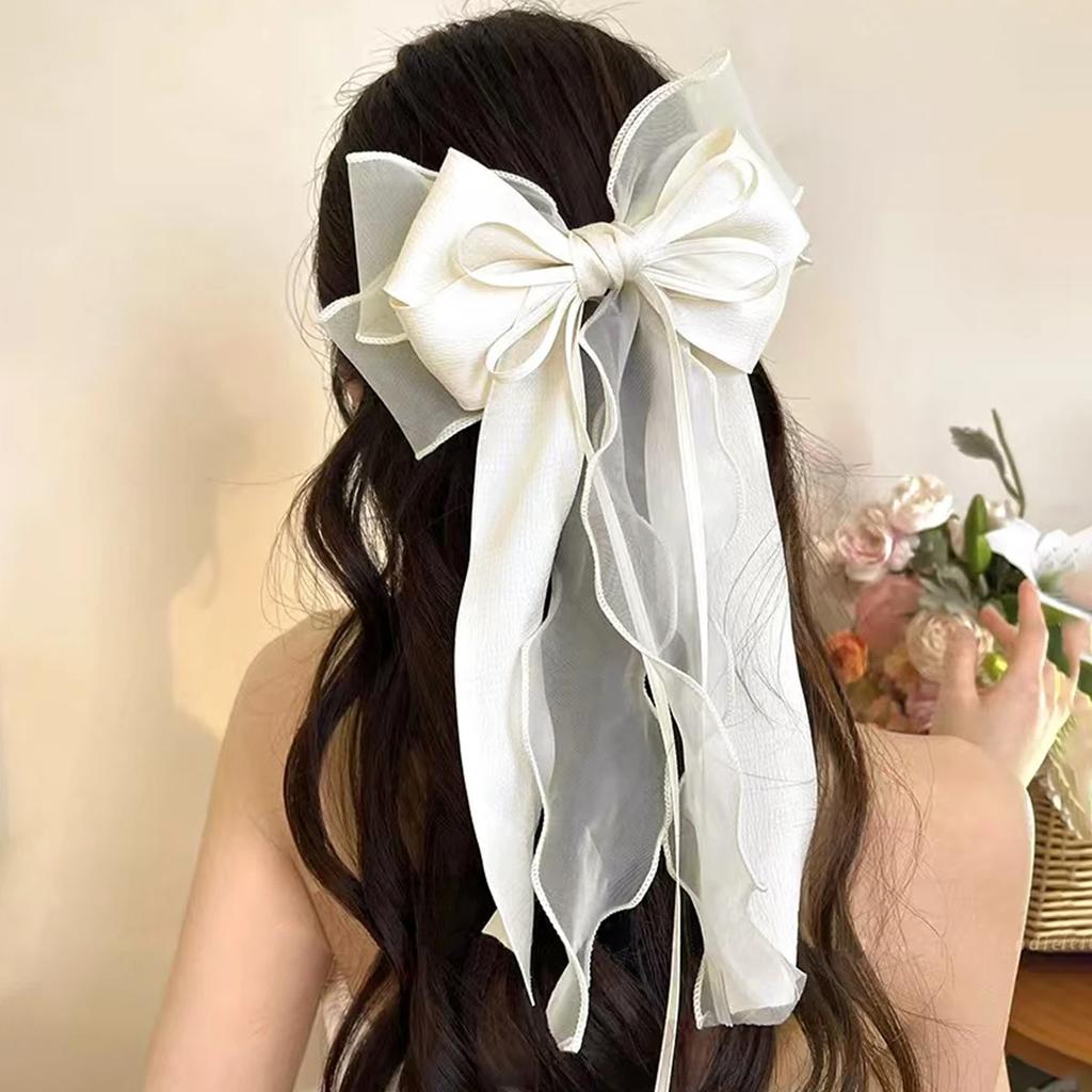 Lace Hair Bow Clip Coquette Fashion Bow Barrettes with Long Tail Ribbon for Women Christmas Valentines Wedding Prom Accessories