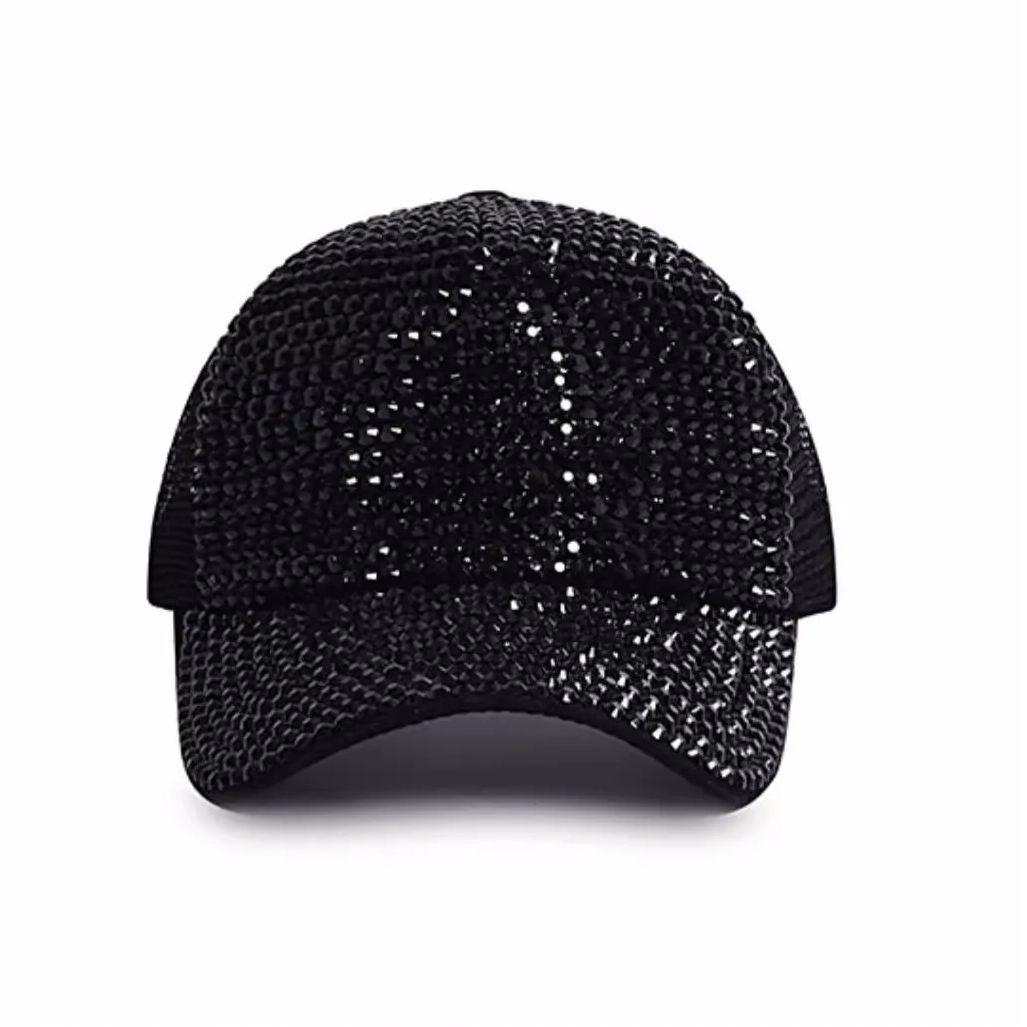 Freedom Outdoors Women's Black Baseball Cap Full Rhinestone Beads Mesh Cap Street Fashion Snapback Hats Casual Party Hip Hop Kpop Dance Cap Men Summer Cm