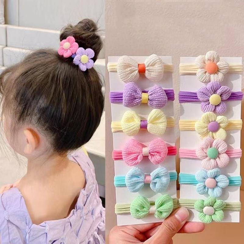 6Pcs Girls Bow Hair Band Candy Color Flower Hair Ties Children Elastic Rubber Bands Ponytail Holder Kids Hair Accessories
