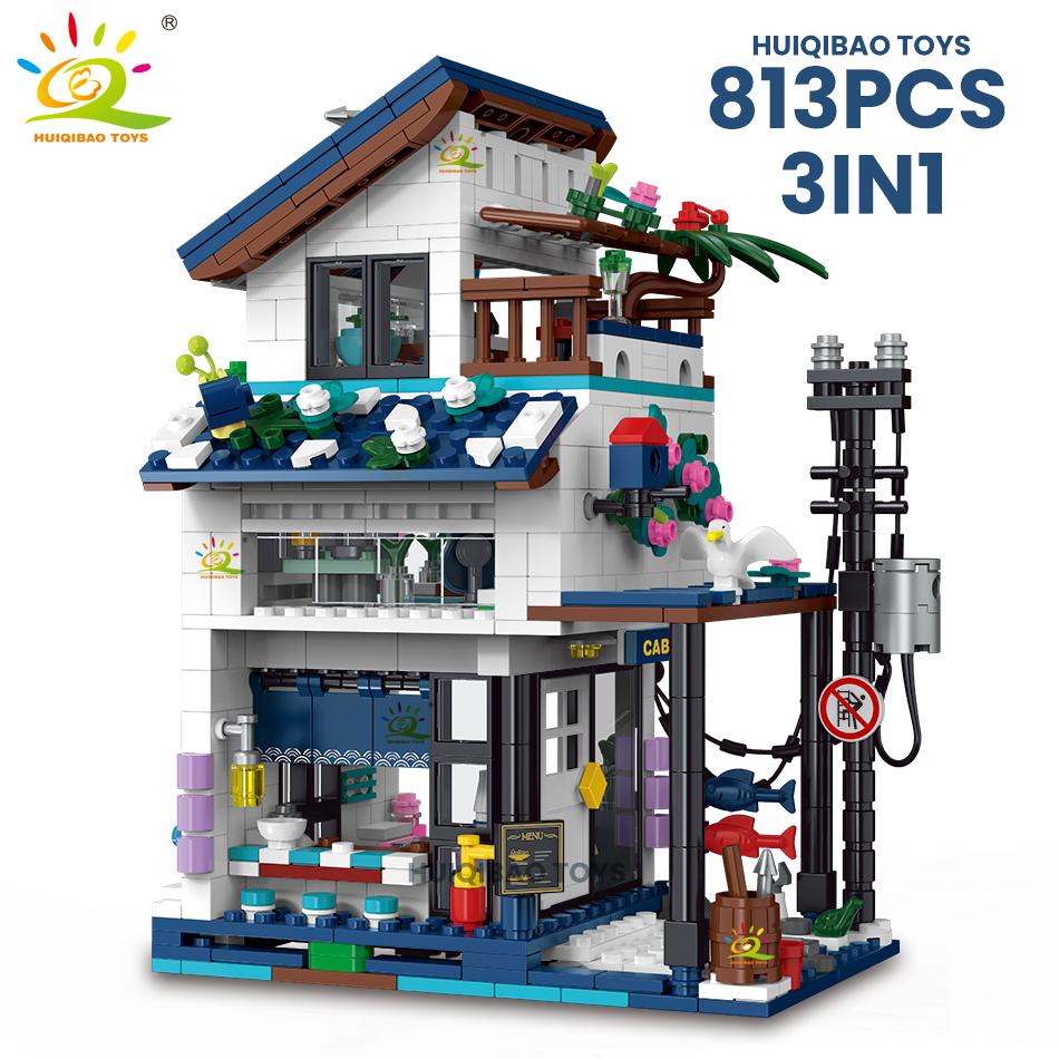 

City Street View Seaside 3in1 Holiday Villa Model Construction Blocks DIY Seaside House Architecture Ornament Bricks Playthings