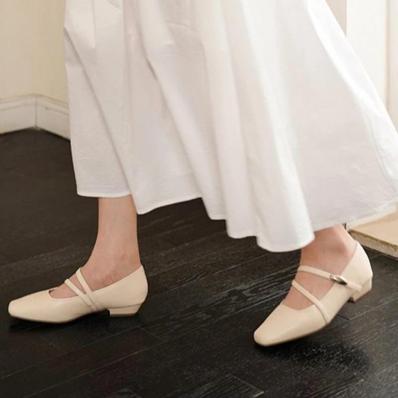 Low Heel Less than 3cm Slip-On Flat Head Square Rubber Sole Women's Shoes Korean Style Solid Color Adult Flats Pumps