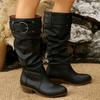 Comemore Retro Pleated Boots Women's Autumn New Belt Buckle High Thigh Chunky Middle Heel Knee High Botas Gladiator Female Shoes