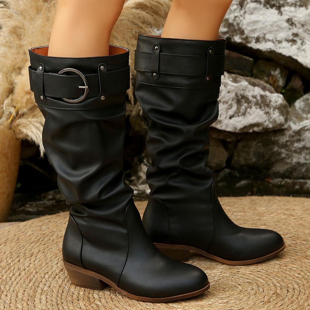 Comemore Retro Pleated Boots Women's Autumn New Belt Buckle High Thigh Chunky Middle Heel Knee High Botas Gladiator Female Shoes