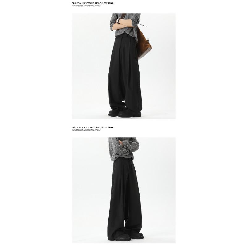 Men Black Pleated Loose Wide Leg Straight Casual Suit Pants