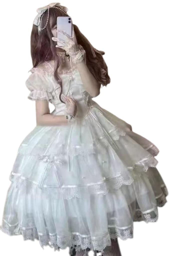 White Dress Lolita One Piece Wedding Cosplay Knee Length [Lady Lazy] (L)