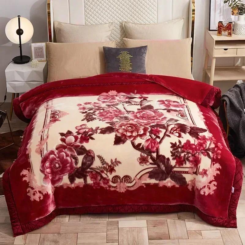 Luxury Heavy Double Layer Raschel Blanket Thickened Warm Plush Winter Blankets for Bed Vintage Floral Soft Weighted Comforter