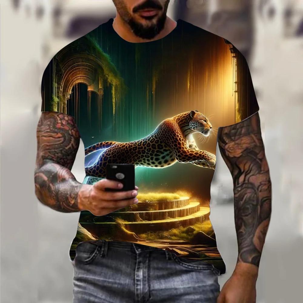 2025 Harajuku Men's Hip-Hop Trend Street Style Loose Crew Neck Short Sleeve Top Fun 3D Animal Eagle and Lion Print T-Shirt