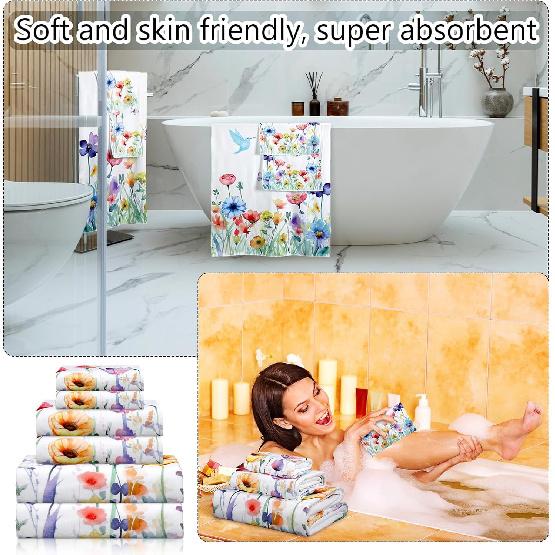 Set of 6 Floral Towel Set Includes 2 Bath Towels 2 Hand Towels 2 Washcloths, Soft Absorbent Hand Towels Decorative Guest Towel Bathroom Towel Set, 3