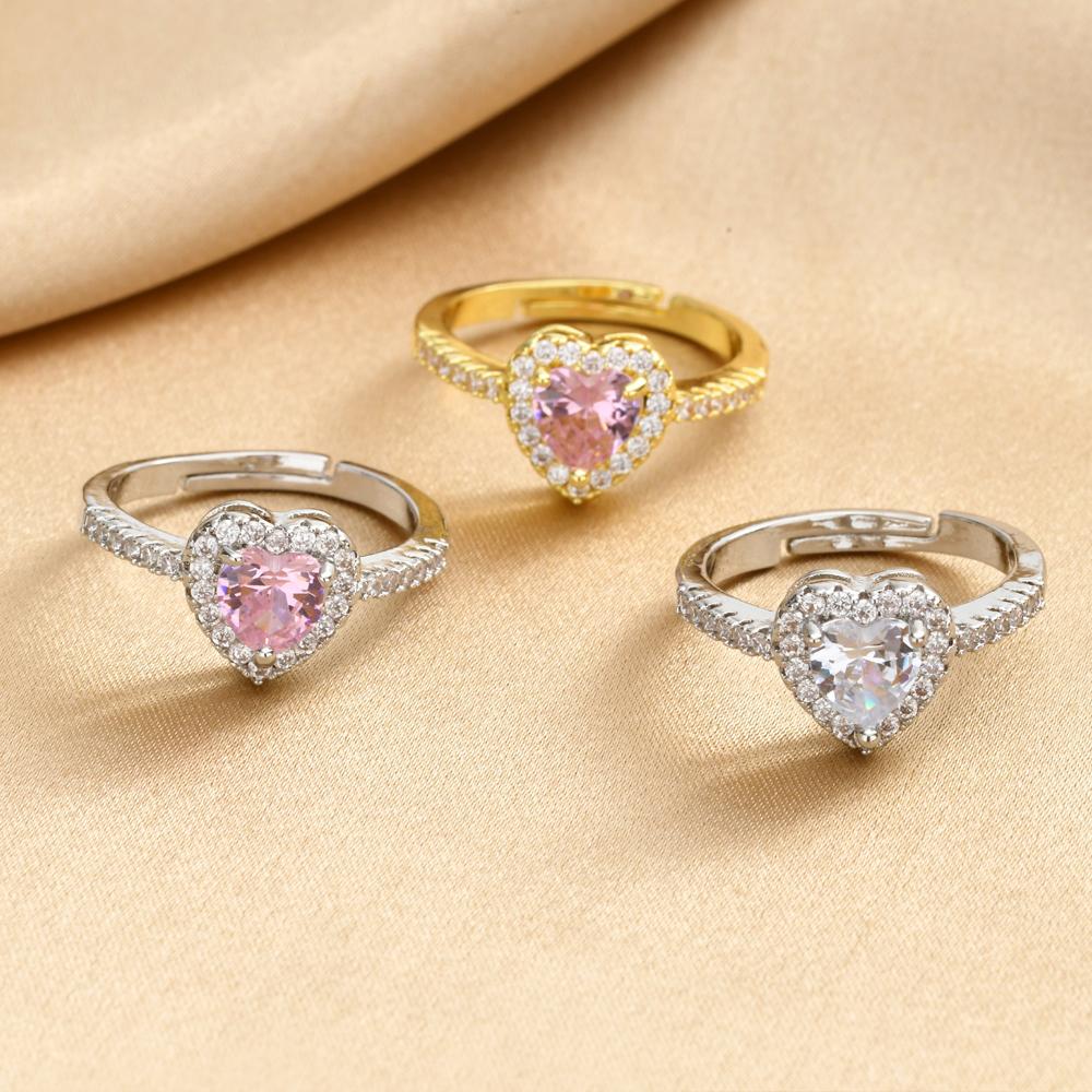 Heart Ring Adjustable for Women Zircon Love Shaped Open Ring Silver Color Romantic Promise Jewelry Gift