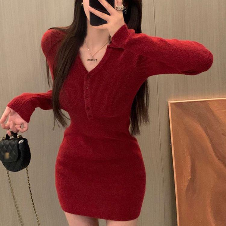 Women's High-End Red Knitted Dress: French Spicy Girl Hip-Hugging Skirt 2025 - Perfect for Spring, Autumn, and Winter