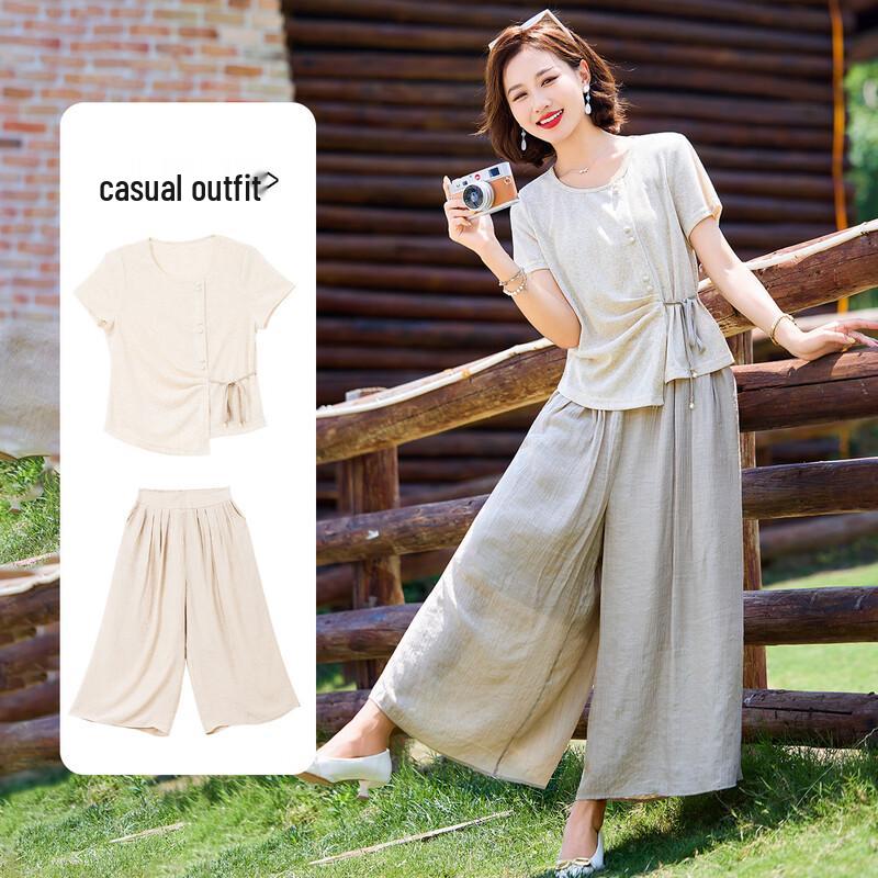 Qianlian Mid-Aged Women s Summer Casual Set with Tie-Waist Tee  Wide-Leg Pants 3XL
