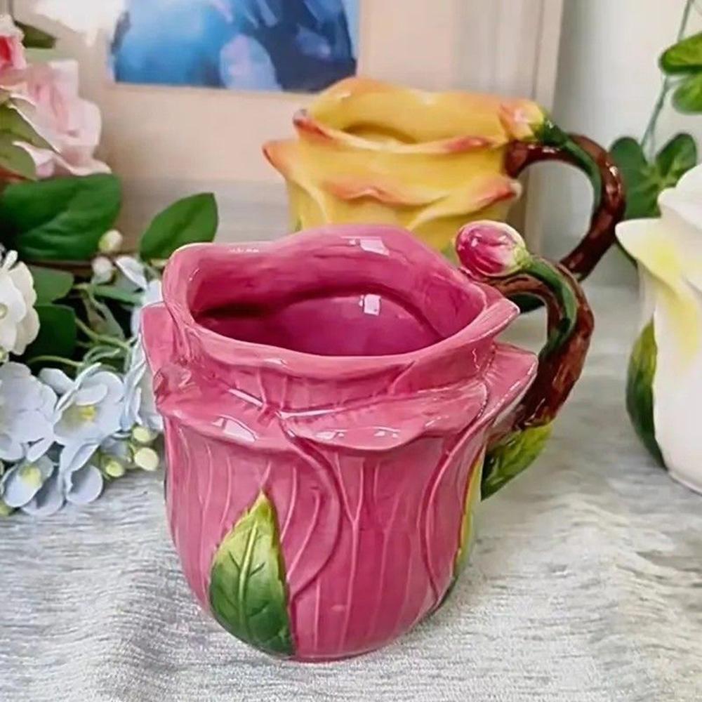 Cartoon Style Exquisite Coffee Mug Romantic Painted Rose Ceramic Coffee Mug Home Breakfast Milk Oatmeal Cup for Women Office Mug 500ml розовый