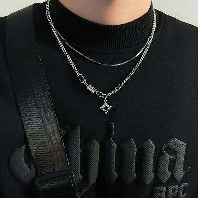 Hip Hop Zircon Double Layer Star Pendant Necklace Geometric Metal Chain Trendy Unisex Jewelry