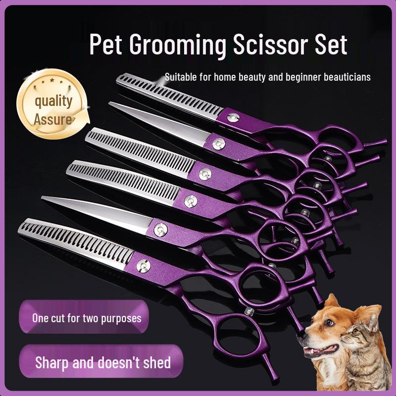 6.5-Inch Purple Pet Grooming Scissors Set: Curved, Upward, Downward, Thinning & Shaping Scissors