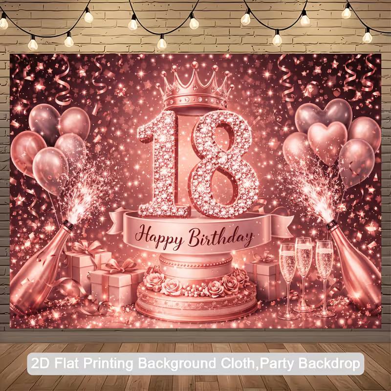 

2D Happy 18th Birthday Diamond Crown Rose Print Banner Backdrop 47.2x31.5inch/120*80cm