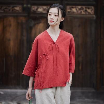 Damen Hemden im chinesischen Stil, Bandage, Leinen, einfarbig, Tops, Herbst, sieben Ärmel, V-Ausschnitt, Vintage-Hemden
