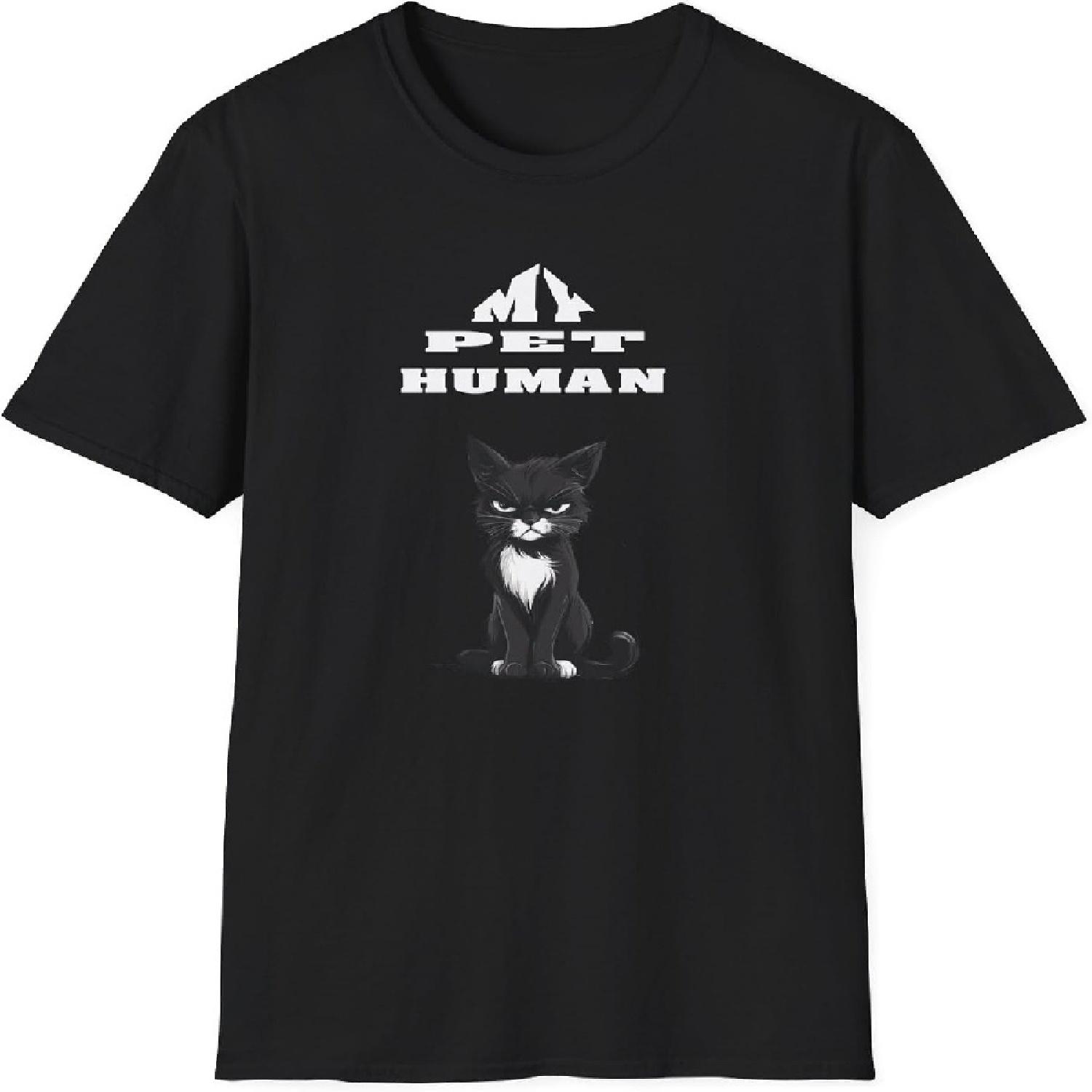 Funny Cat T-Shirt My Pet Human Graphic Black Tee, Cat Themed Humor Clothing, Quirky Pet Lover Apparel, Cat Owner Gift Idea S