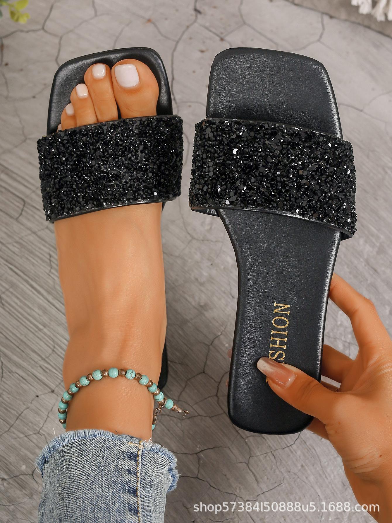 

Summer new Korean version fashion square head foot flat bottom fashion casual large size women s Roman one-character bright 35 чёрный