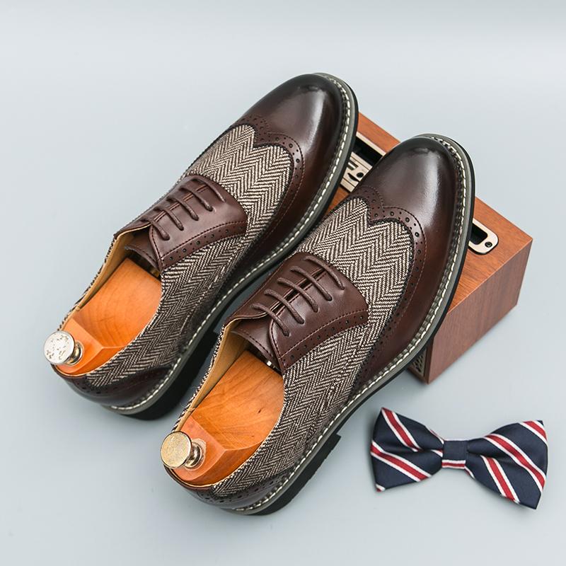 Fashion Brand New Men Comfortable Pointed Carving Leather Shoes Spring Fashion Versatile Business Lace Block Color Blocked Leather Shoes