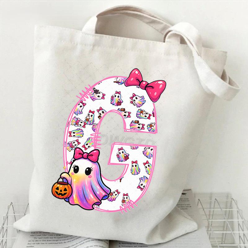 Halloween personalized print student canvas bag tutoring bag 26 letters fashion shoulder bag women large capacity