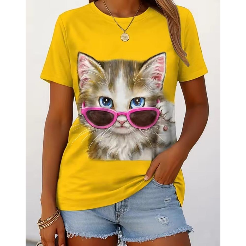 Women's round neck T-shirt Summer casual fashion short-sleeved top 3D cat print animal pattern Large Size Women's Clothing