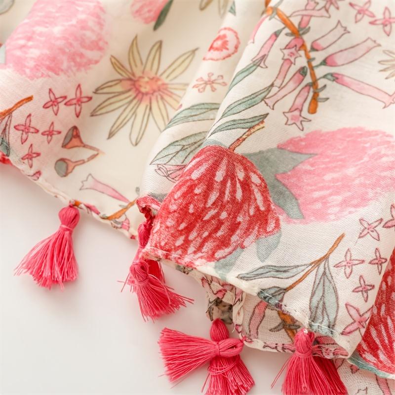 Bufanda Floral de Viscosa Suave con Borlas para Mujer - Chal Ligero con Estampado de Plantas Rosa y Verde, Cálido y Transpirable para Uso en Exteriores, Chal Transpirable