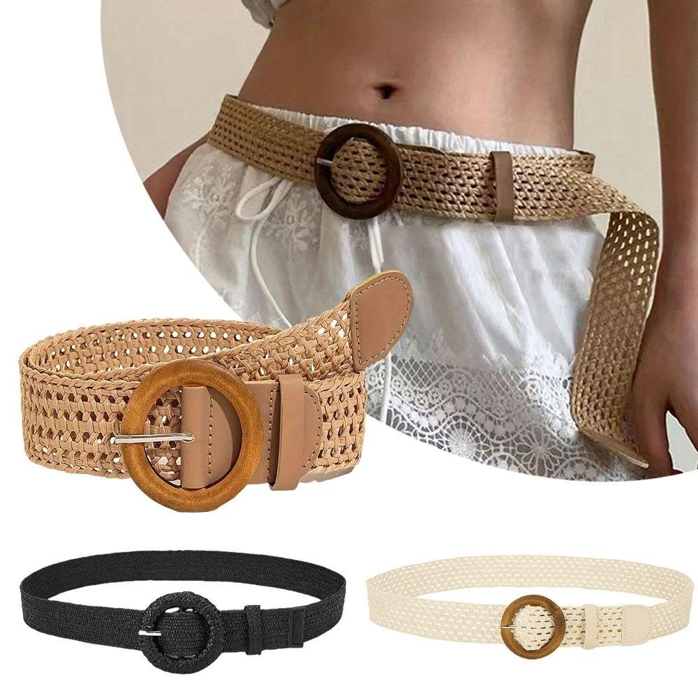 Round Buckle Waist Belt Straw Braided Belt Retro Woven Waistband for Holiday