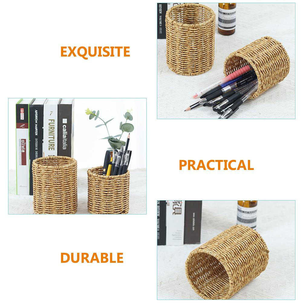 Porte-crayons en rotin Osier Porte-stylo Fait main Porte-pinceaux de maquillage Vase tissé Organisateur Récipient pour stylos gel Boho