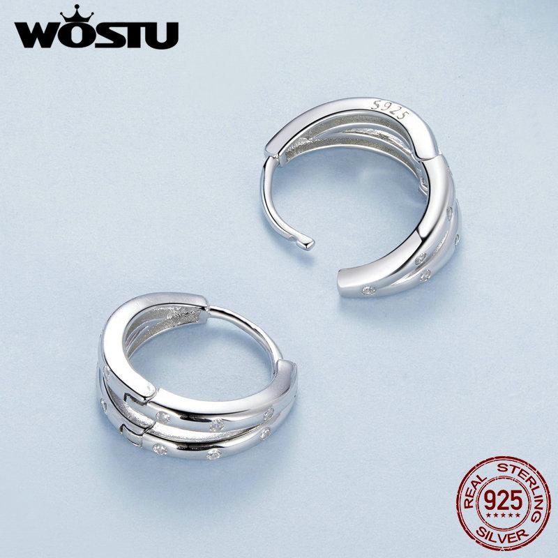WOSTU 925 Sterling Silver Simple Zircon Double layers Ear Buckles Women Wedding Circle Hoop Earrings Party Jewelry Accessories