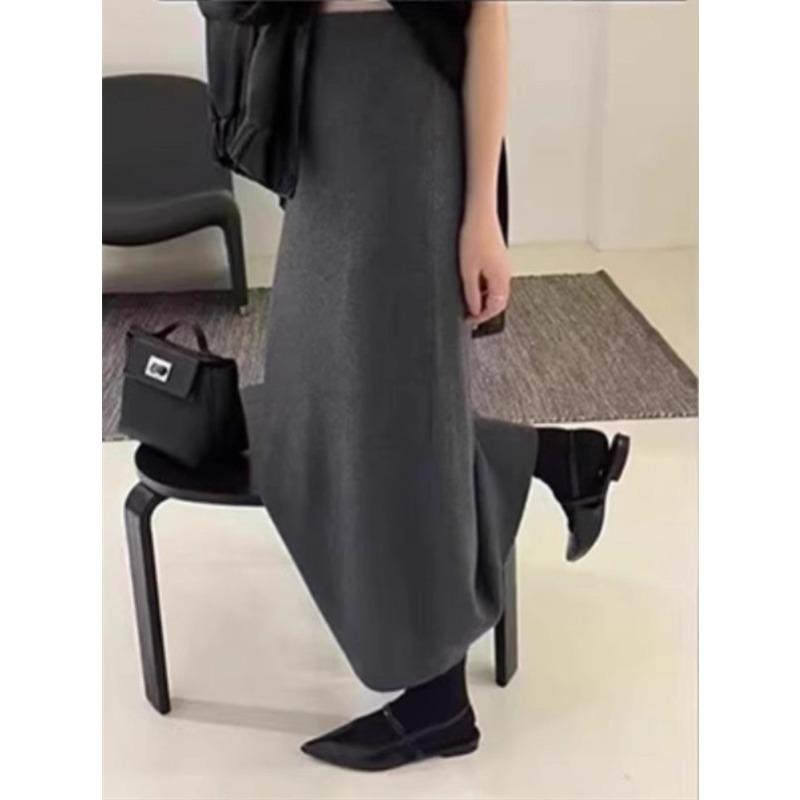 Gray Wool Elastic Waist Knitted Skirt for Women In Autumn and Winter Latest Style Temperament Small Hip-packing A-line Skirt