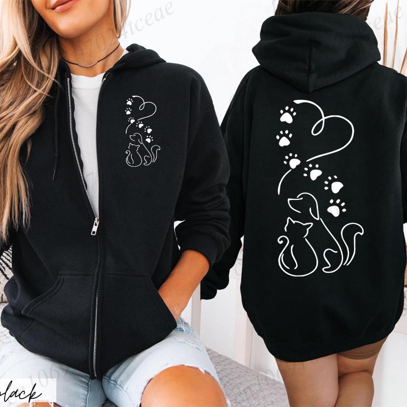 Dog and Cat Love Heart Graphic Fashion Zip Up Hoodies Women Autumn Long Sleeve Harajuku Clothes Female Sweatshirt Jackets