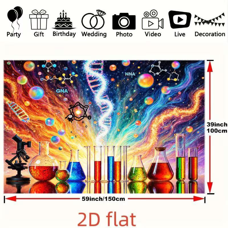 2D Classroom Science Backdrop, Colorful Chemistry Set & DNA Nebula Photography Background
