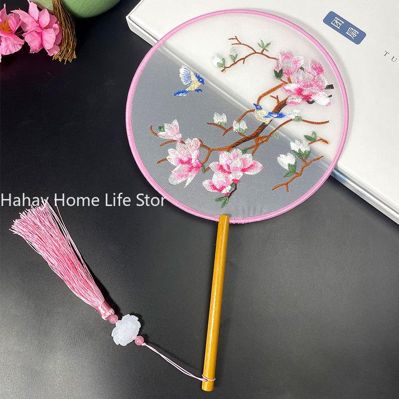 Fashion Chinese Style Wooden Handle Fan Embroidery Flower Girl Gift Portable Home Decor Hand Fans Crafts Dance Fan