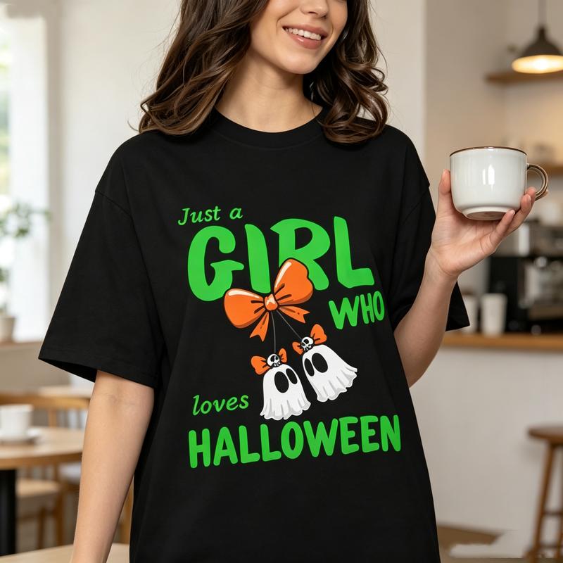 Just A Girl Who Loves Halloween T Shirt Unisex Cute Ghost Print Casual Cotton Short Sleeve Halloween Gift Tee Harajuku Y2k Top