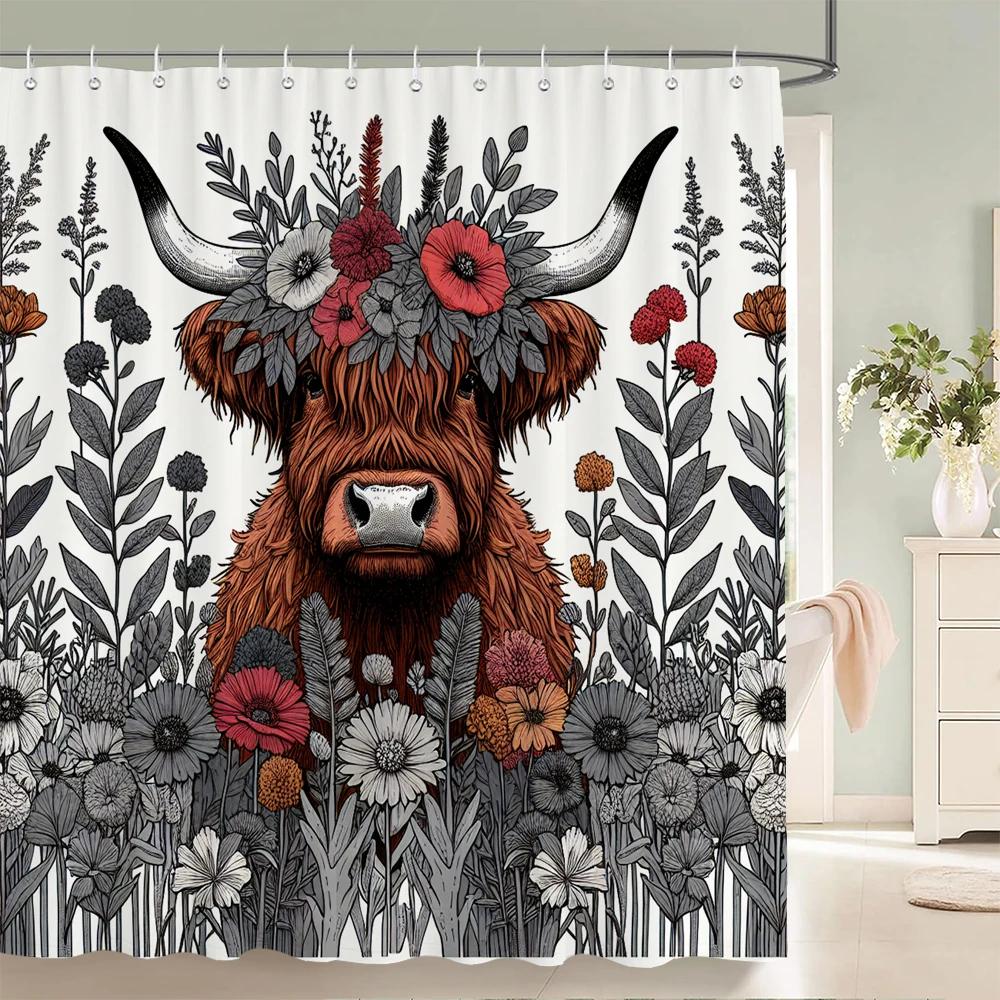 Watercolor Plants And Highland Cow Animal Shower Curtain Print Polyester Waterproof Bathroom Curtains With Hook Decorate Curtain