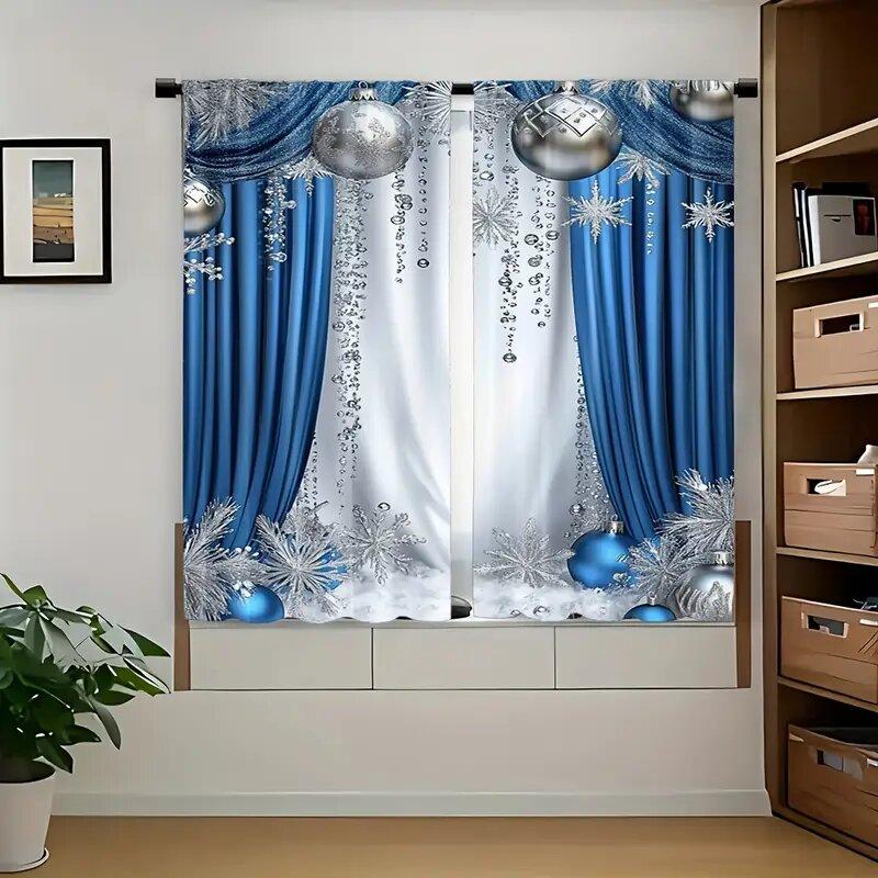 Niebieskie zasłony z nadrukiem świątecznym, odpowiednie do sypialni i salonów, dekoracja domu, dekoracja rodzinna, Boże Narodzenie