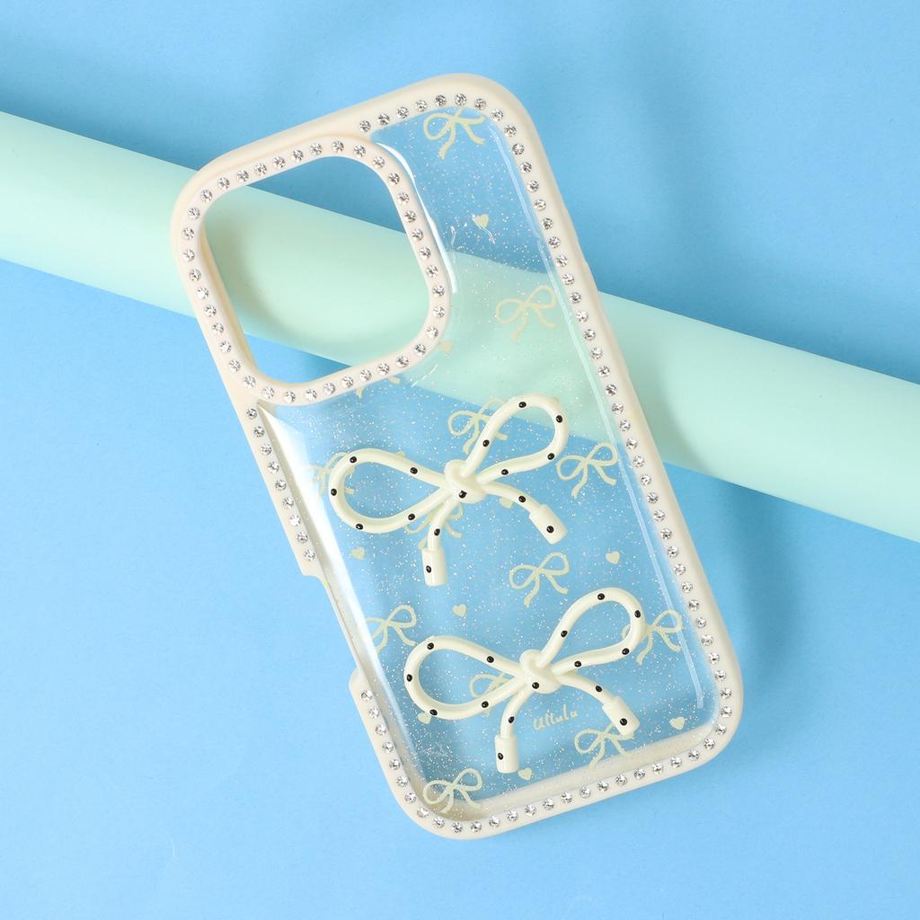Für iPhone 16 Pro Hülle Zwei Schleifen Epoxid Design TPU+PC Handy Rückseite Strass Dekor