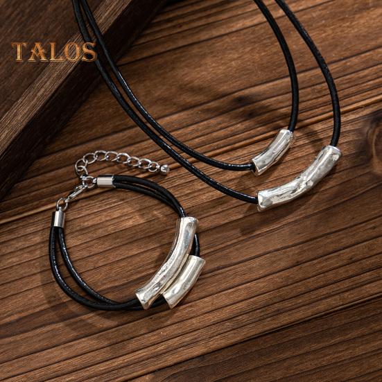 Vintage-Halsband aus Kunstleder mit Metallperlen, mehrlagig, geometrischer zylindrischer Anhänger, Halskette aus Legierung für Frauen und Männer, als Geschenk für den Alltag