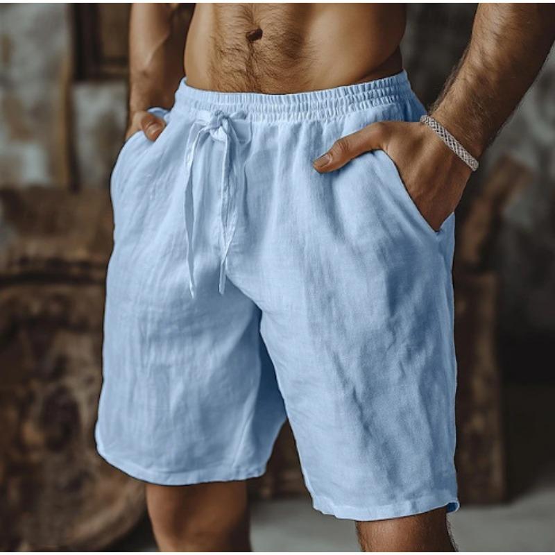 New cotton and linen shorts, drawstring elastic waist straight legs, solid color breathable daily beach five-point casual pants
