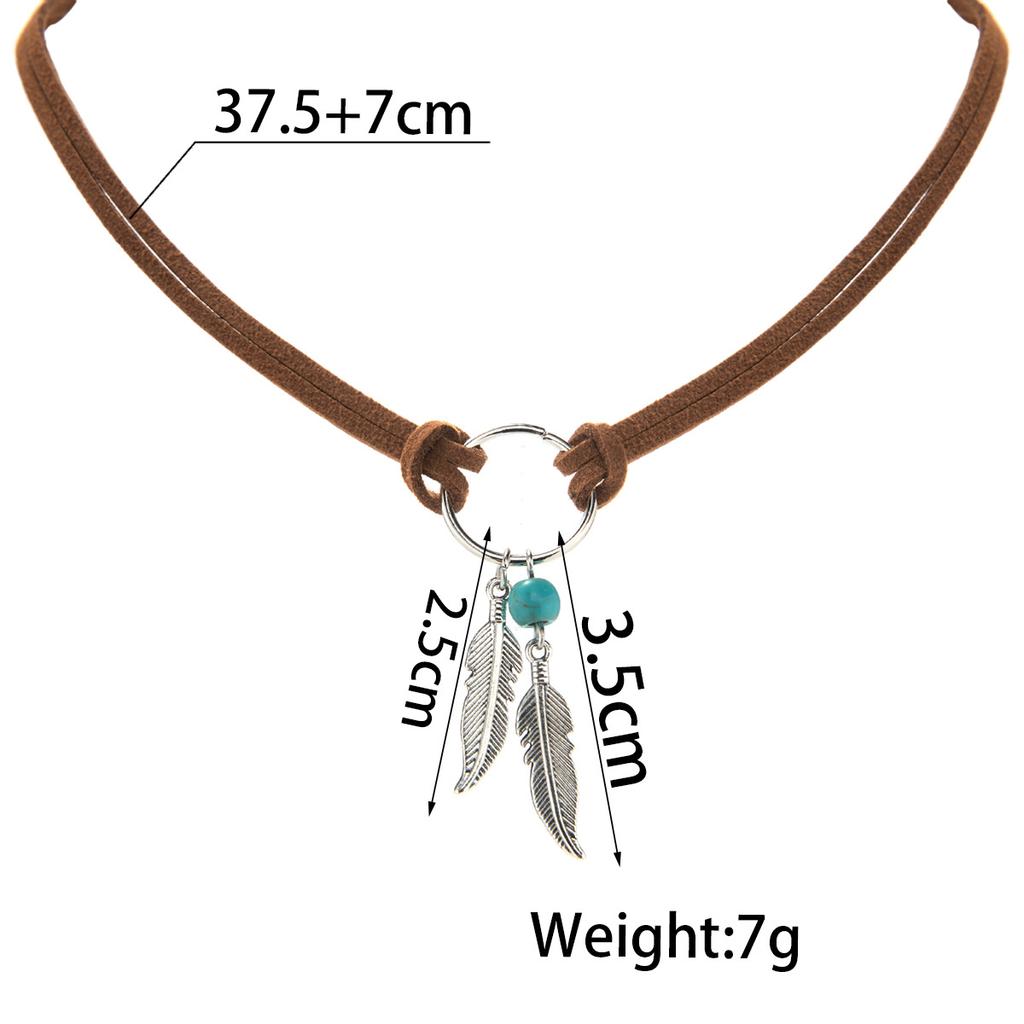 Retro Leaf Tassel Choker Woven Rope Leather Turquoise Stone Necklace Minimalist Bohemian Necklace Beach Jewelry