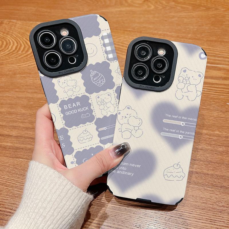 Vertical Grain Leather Cute Cartoon Bear Printed Soft Silicone Phone Case Back Cover with Camera Lens Full Protection for Samsung