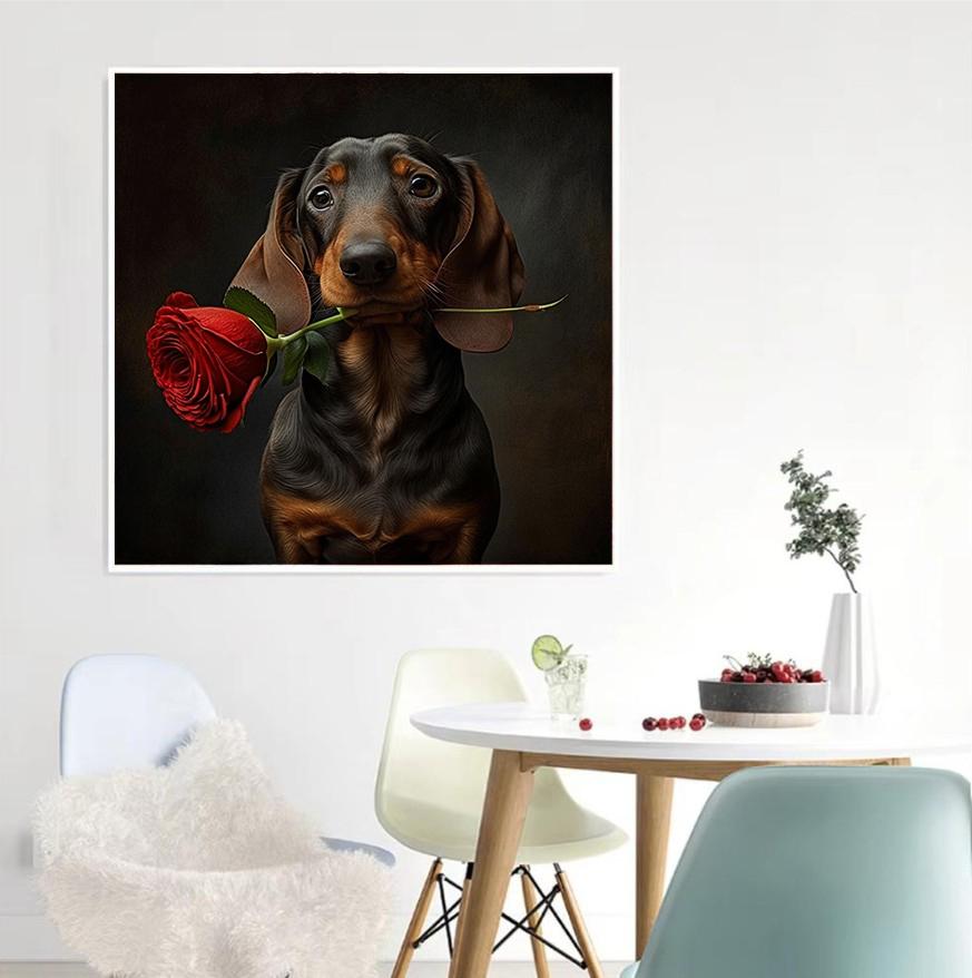 Round Diamond 5D DIY Diamond Painting "Hound Dog with Rose" Embroidery Cross Stitch Mosaic Decoration Gift