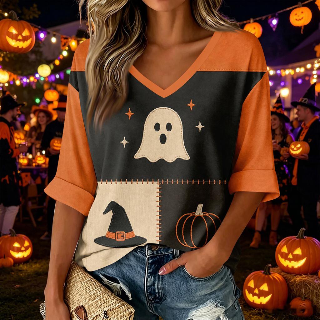 Women's V-Neck Three-Quarter Sleeve Halloween Print Color Block Top for Casual Holiday Wear