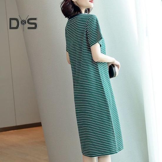 Damen Casual Gestreiftes Mittelkleid Kurzarm Locker Rundhals Sommer Leicht Bequem Büro Strand Partykleid