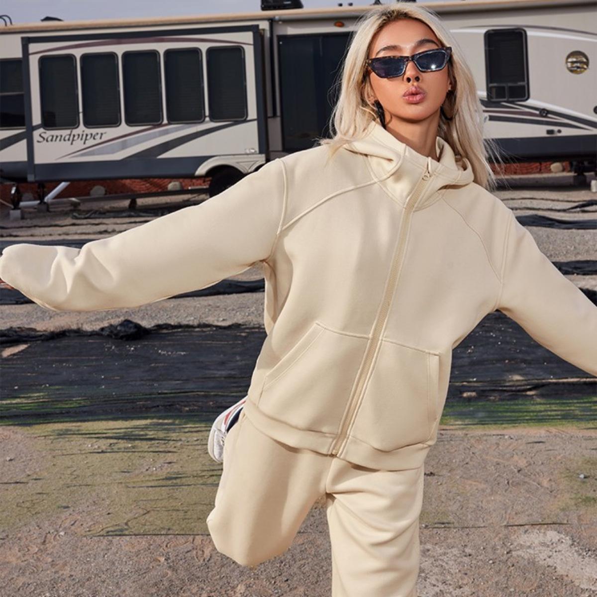 

Женский однотонный комплект из двух частей с капюшоном и длинными рукавами на весну и осень, спортивный кардиган на молнии, женская одежда M абрикосовый