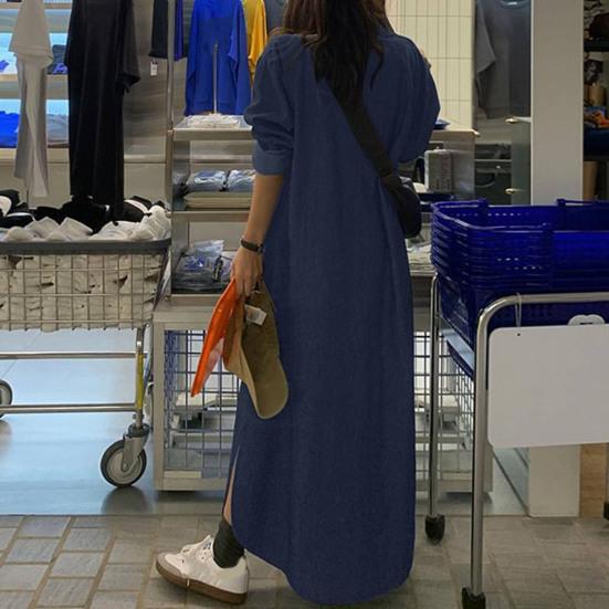 Kvinners avslappet denim maxikjole opprullede ermer revers knepping skjortekjole løs passform lang jeanskjole