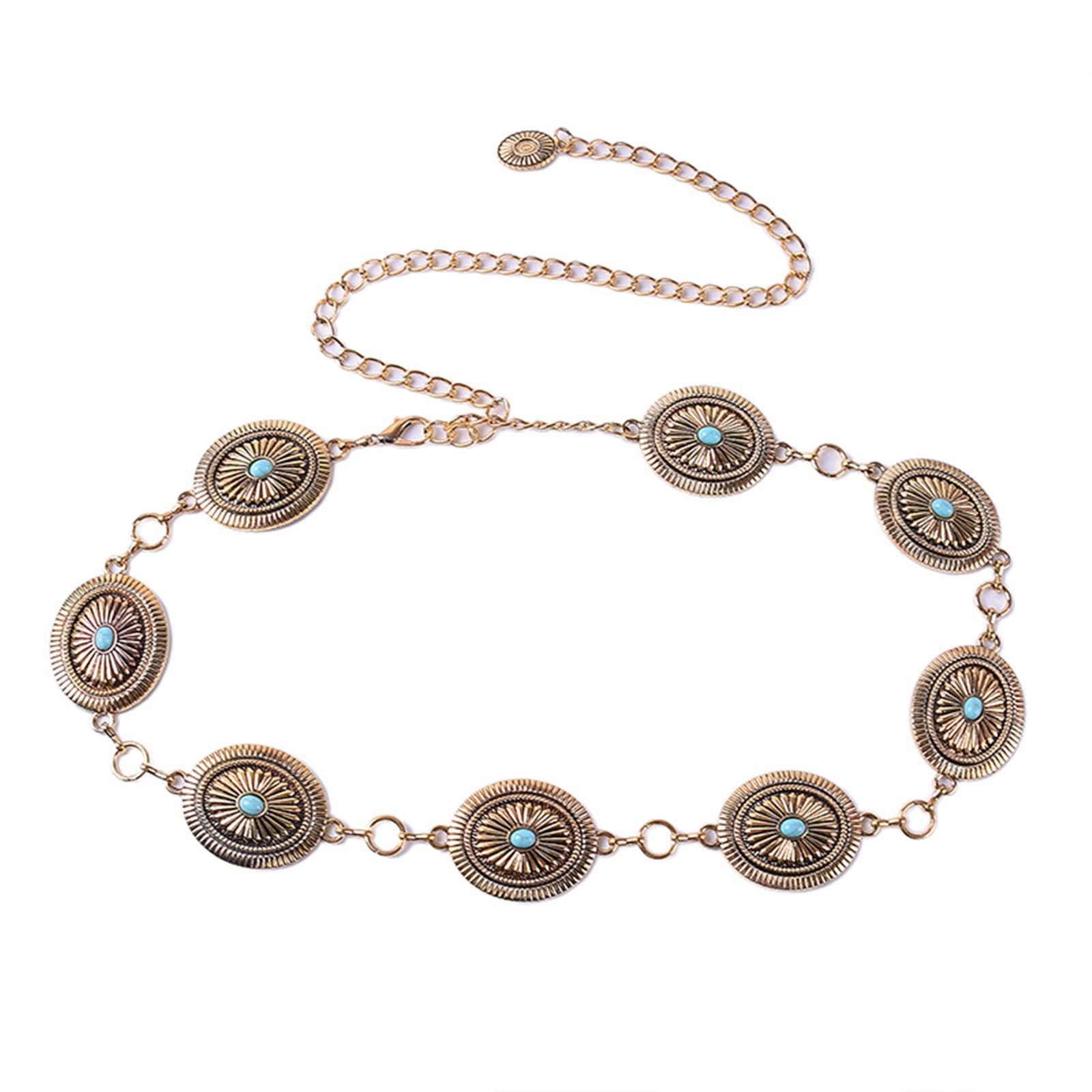 

Винтажная женская поясная цепочка, тонкий пояс для похудения с резной бирюзовой пряжкой, декоративная женская металлическая поясная цепочка золотой