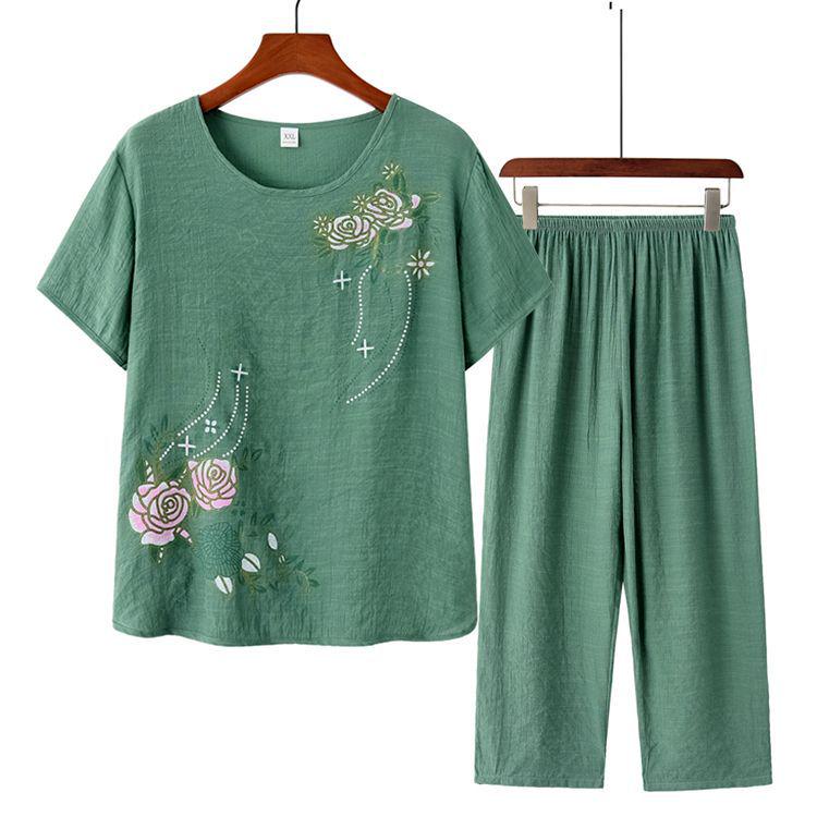 Summer Two-Piece Set for Middle-Aged and Elderly Women - T-Shirt and 9-Point Pants